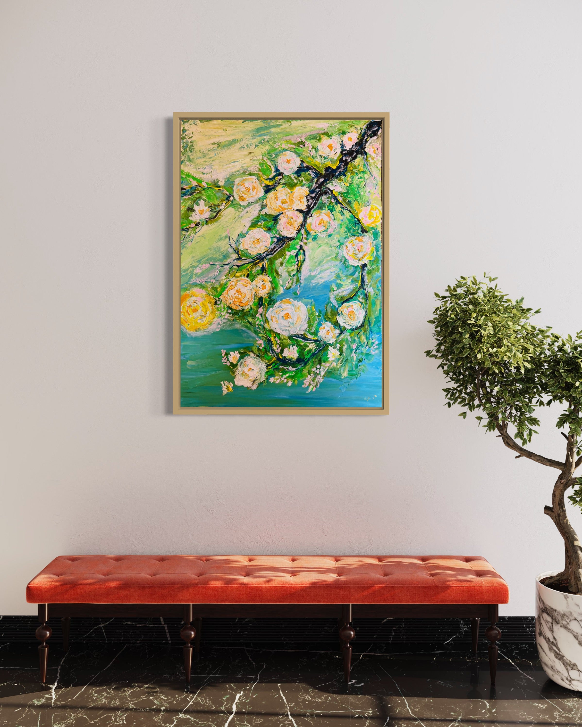 WHITE ROSES FRAMED Abstract texture hand painting original abstract Green Wall Art Decor