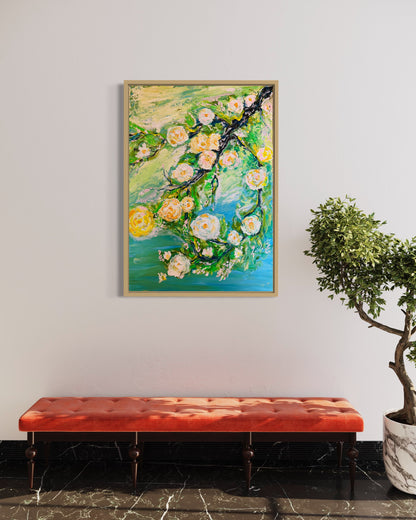 WHITE ROSES Abstract texture hand painting original abstract Green Wall Art Decor
