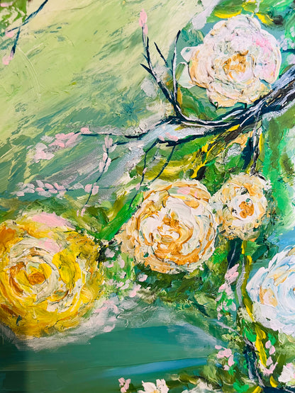 WHITE ROSES Abstract texture hand painting original abstract Green Wall Art Decor