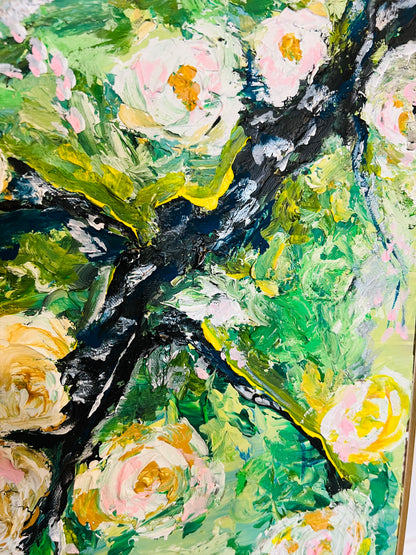WHITE ROSES Abstract texture hand painting original abstract Green Wall Art Decor