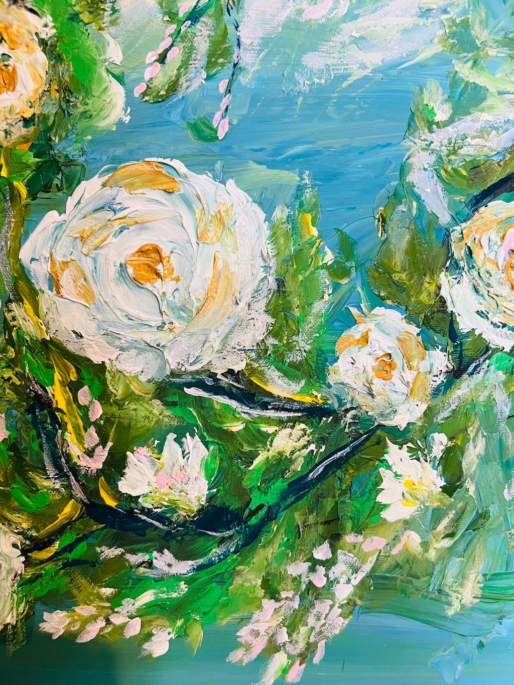 WHITE ROSES FRAMED Abstract texture hand painting original abstract Green Wall Art Decor