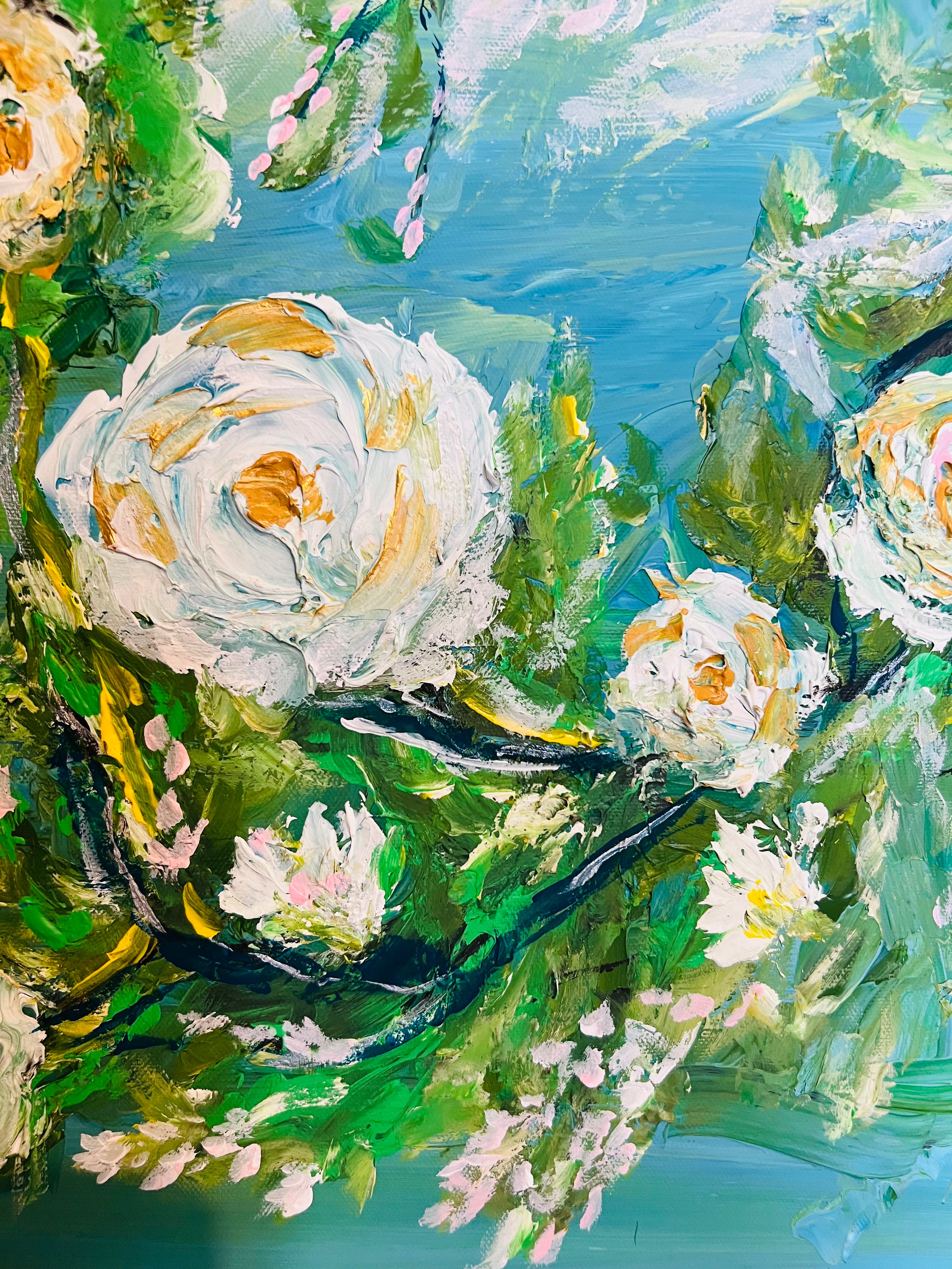 WHITE ROSES FRAMED Abstract texture hand painting original abstract Green Wall Art Decor