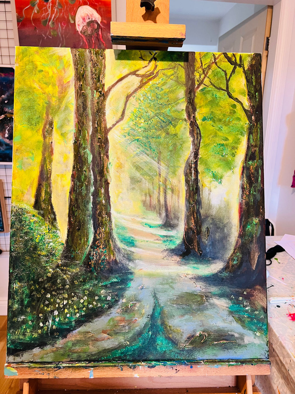 MYSTERY FOREST - ORIGINAL PAINTING Framed sunlight Painting Blue yellow Wall Art 3D Abstract Canvas Painting landscape