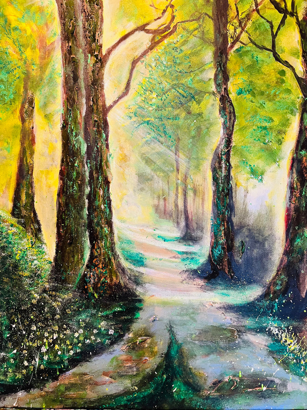 MYSTERY FOREST - ORIGINAL PAINTING Framed sunlight Painting Blue yellow Wall Art 3D Abstract Canvas Painting landscape