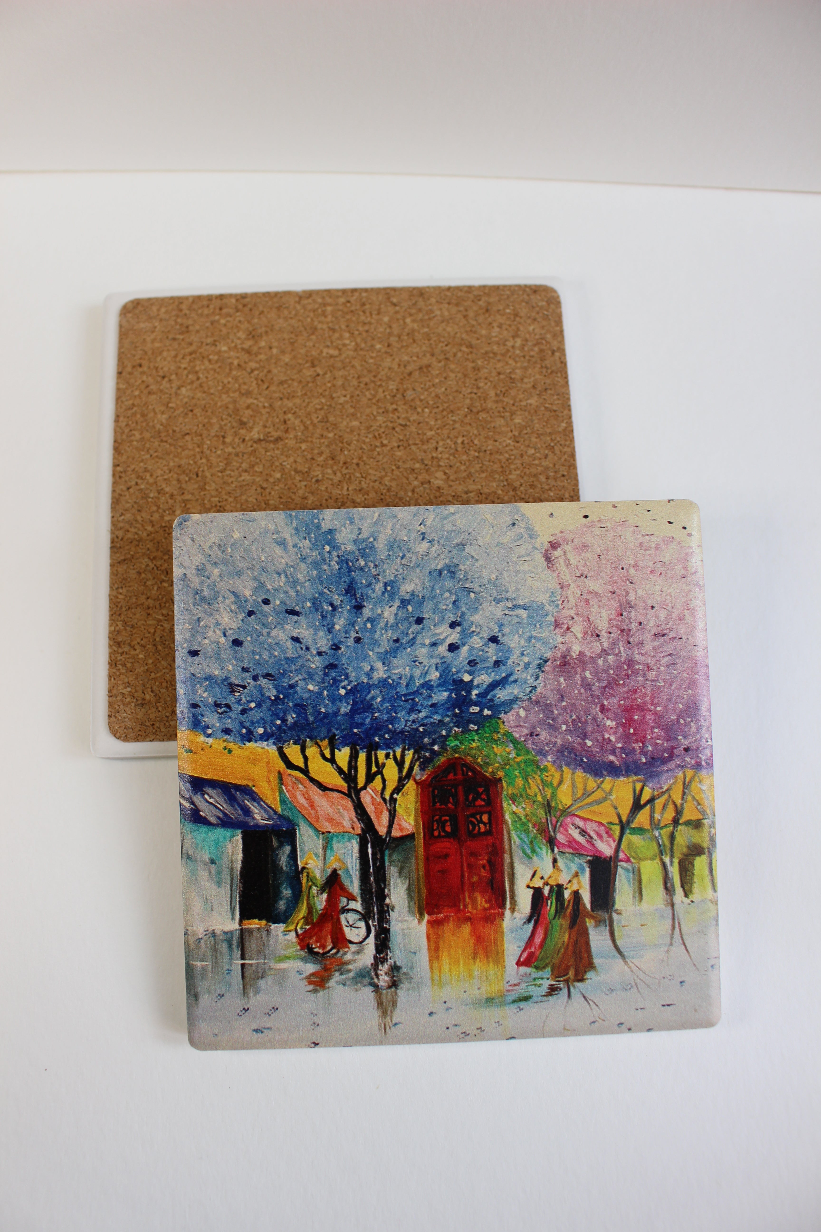 Square Ceramic Coaster "Hanoi Girls" Art Print Hand Painted 10x10cm