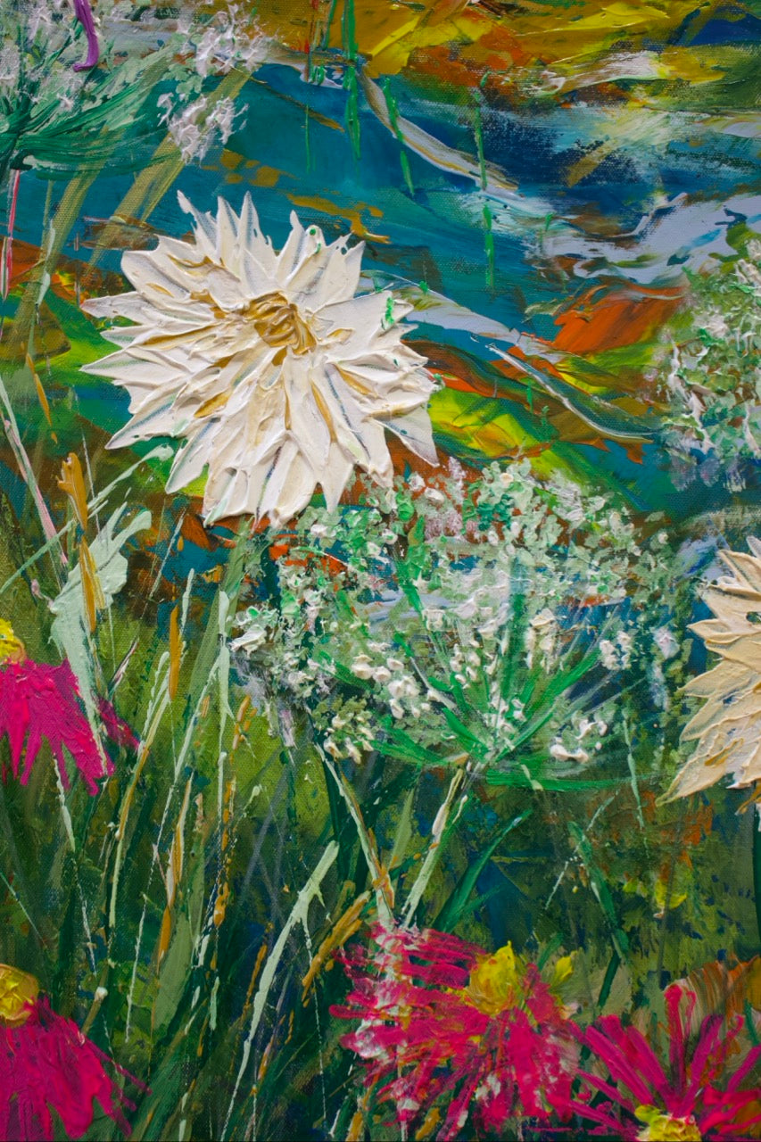 “Valley of Vibrant Blooms” Large texture wildflowers painting