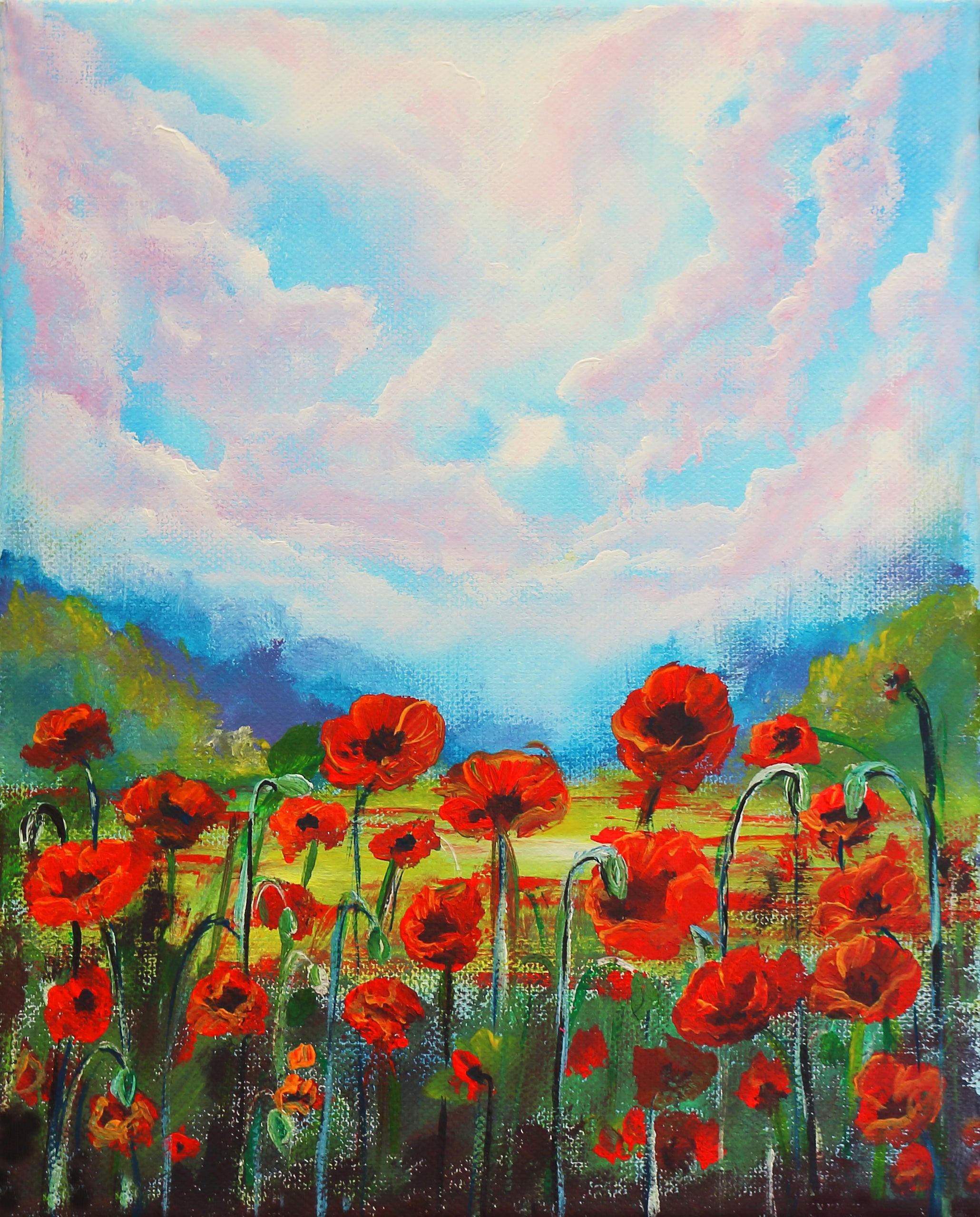 Poppy Red wildflowers field  Heavy 3D textured artwork 8x10in Framed