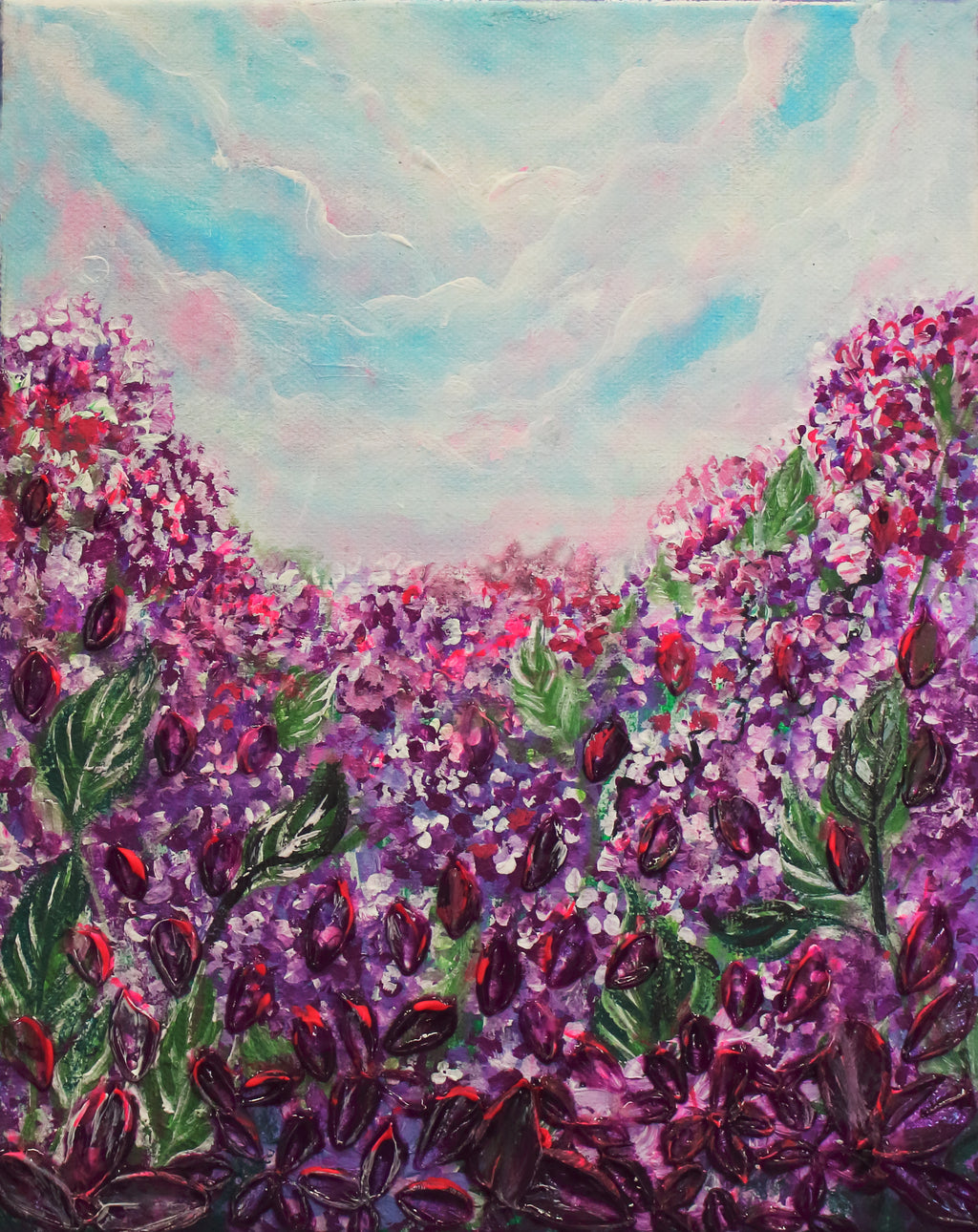 Purple Phacelia wildflowers field  Heavy 3D textured artwork 8x10in Framed