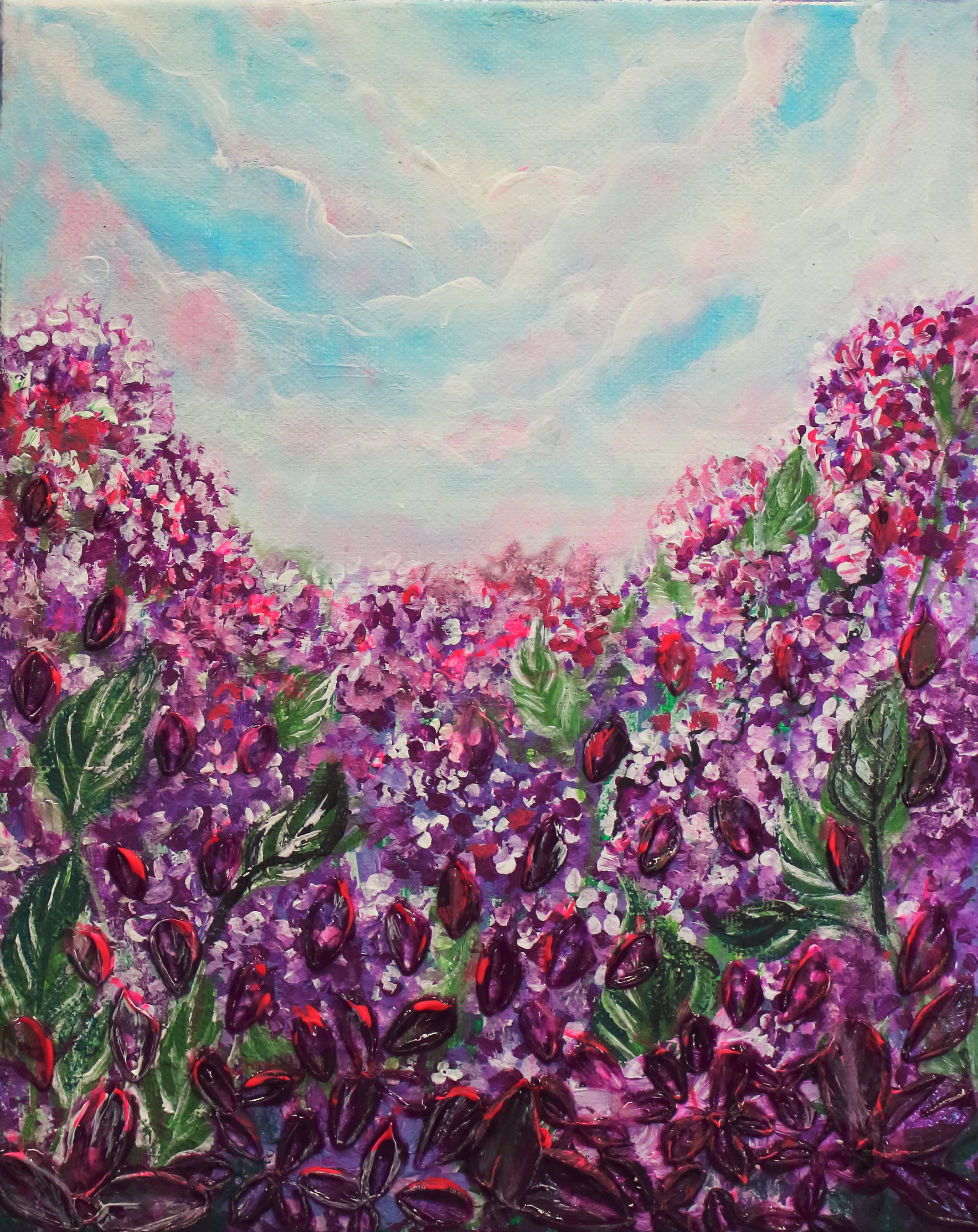 Purple Phacelia wildflowers field  Heavy 3D textured artwork 8x10in Framed
