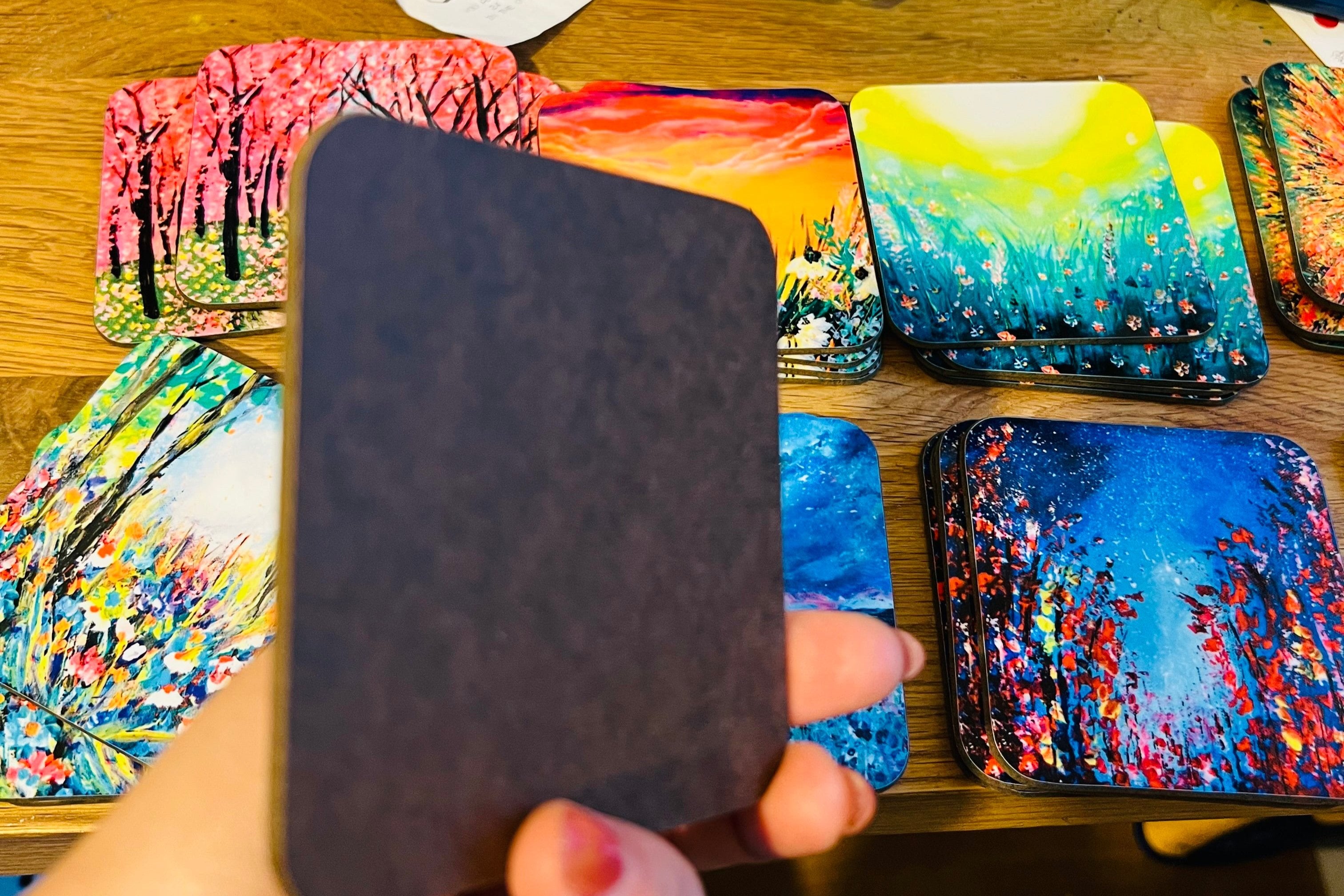 HARDBOARD COASTER - 9.5x9.5cm Colourful Abstract Painting Green Red