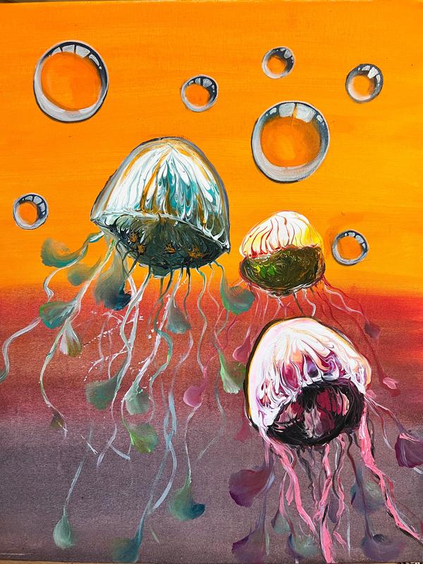 Jellyfish wall art print with four jellyfish and bubbles on orange and purple waves