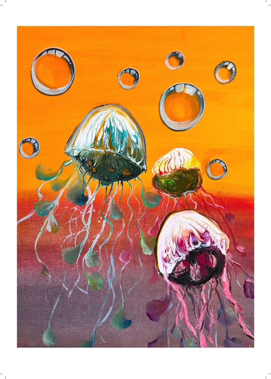 Jellyfish wall art print with four jellyfish and floating rings on orange and purple