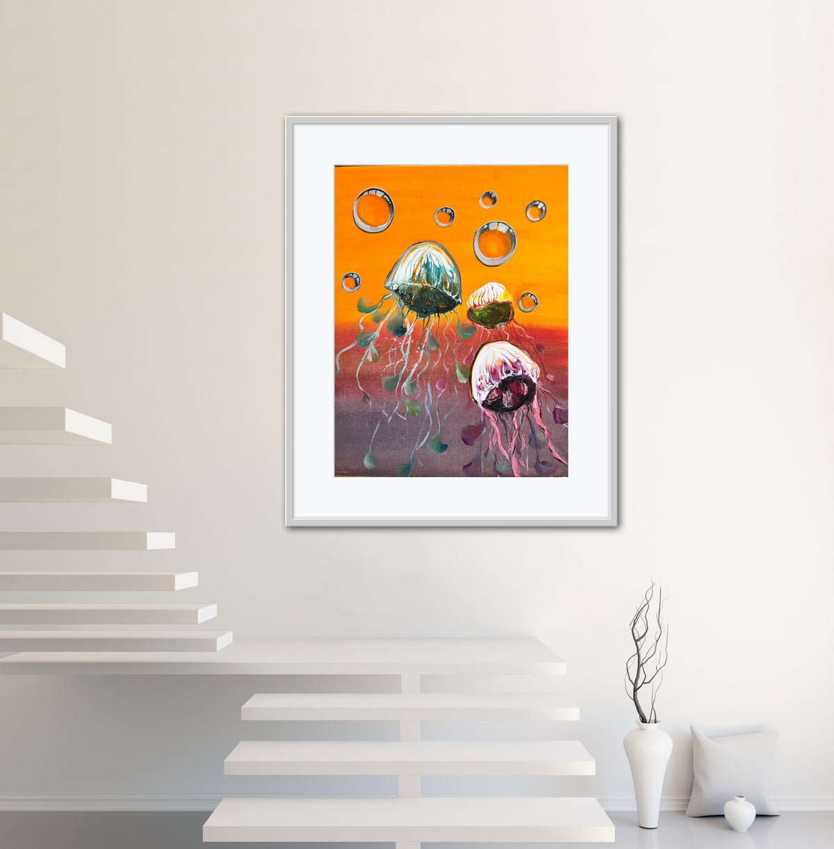 Framed jellyfish wall art print featuring three jellyfish with bubble rings in orange and purple