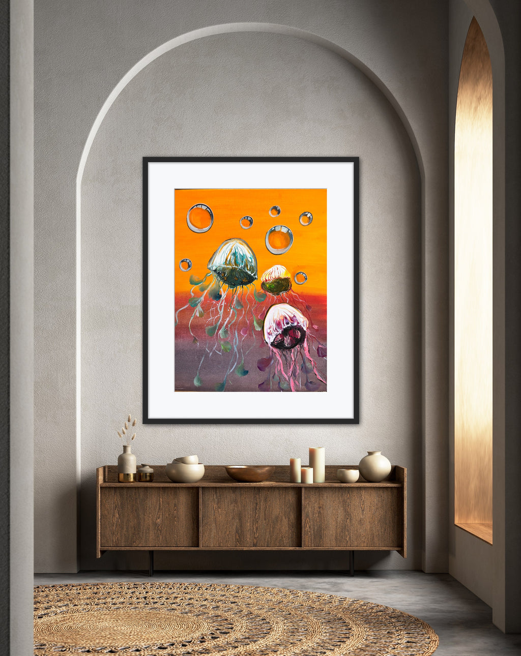 Framed jellyfish wall art print with bubble rings and jellyfish in orange-purple scene