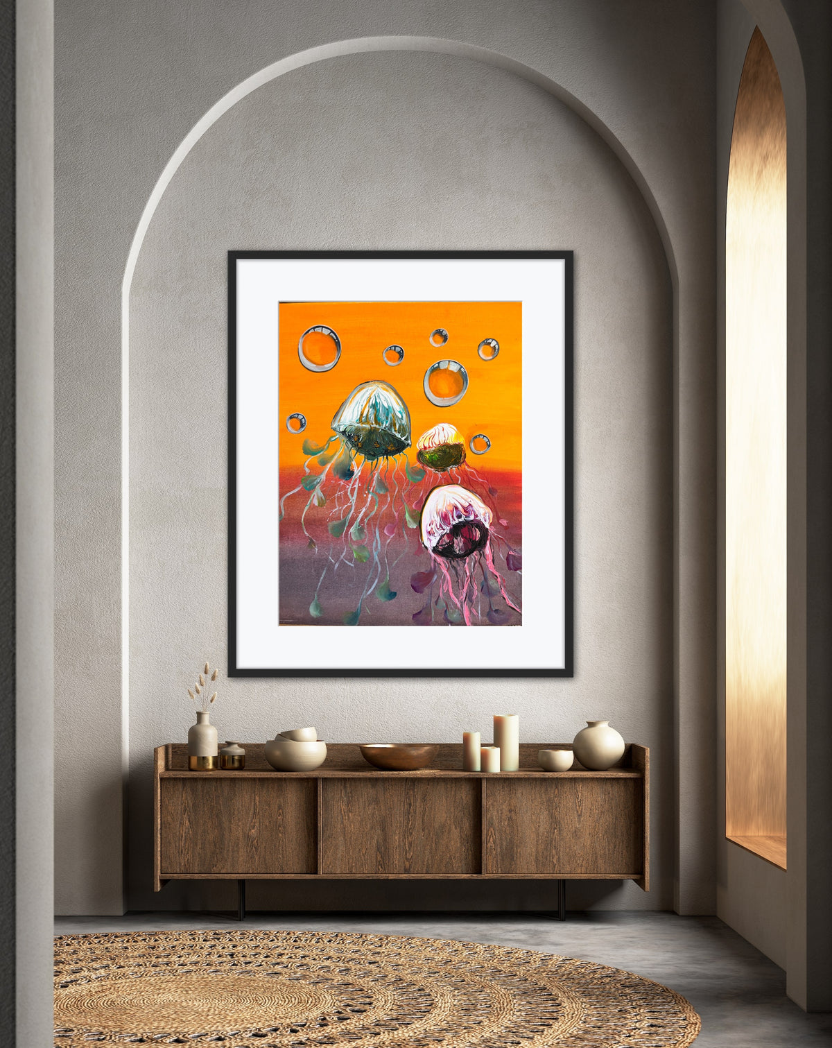 Framed jellyfish wall art print with bubble rings and jellyfish in orange-purple scene