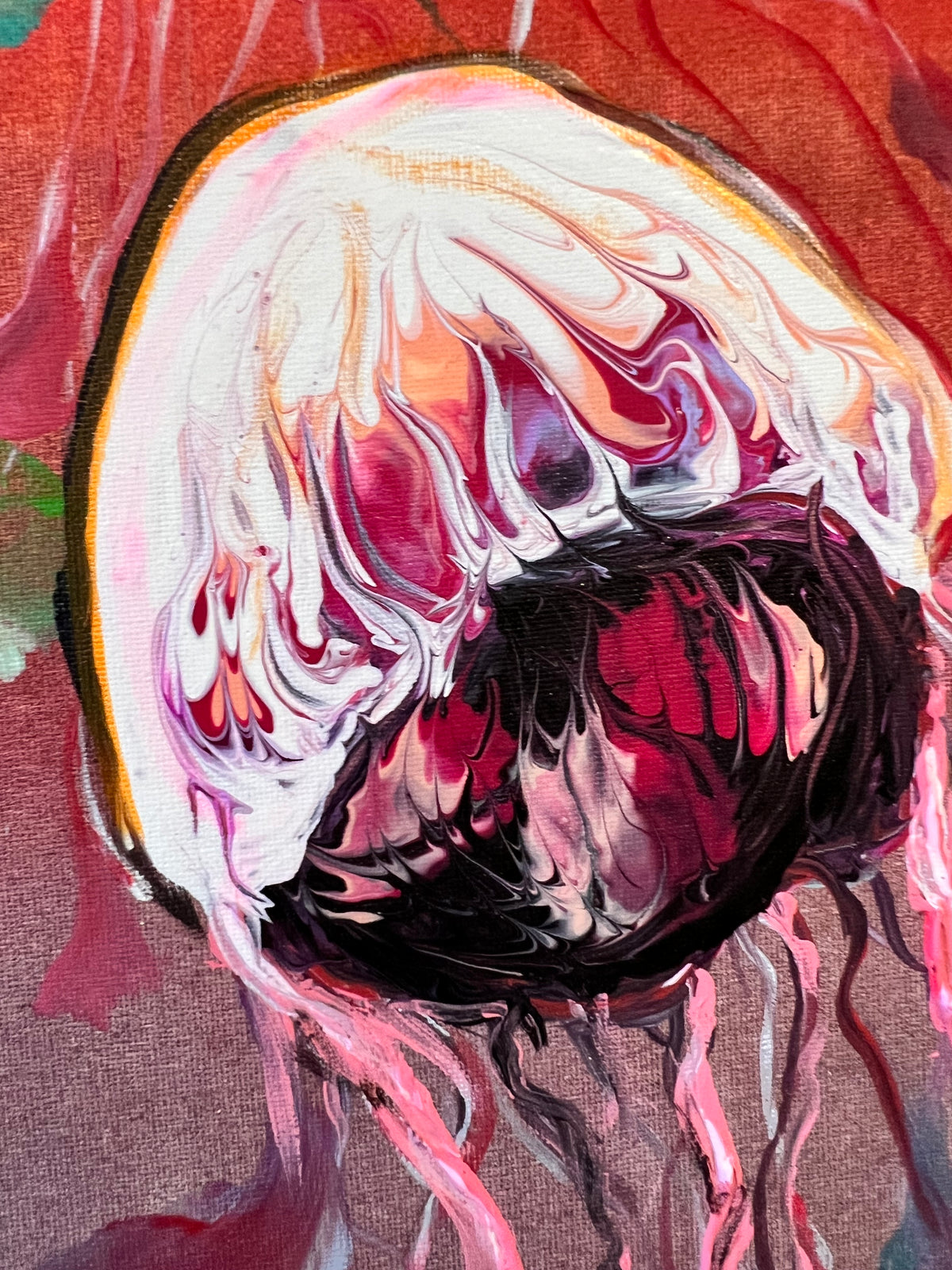 Close-up jellyfish wall art of white and purple jellyfish with dark center and tentacles