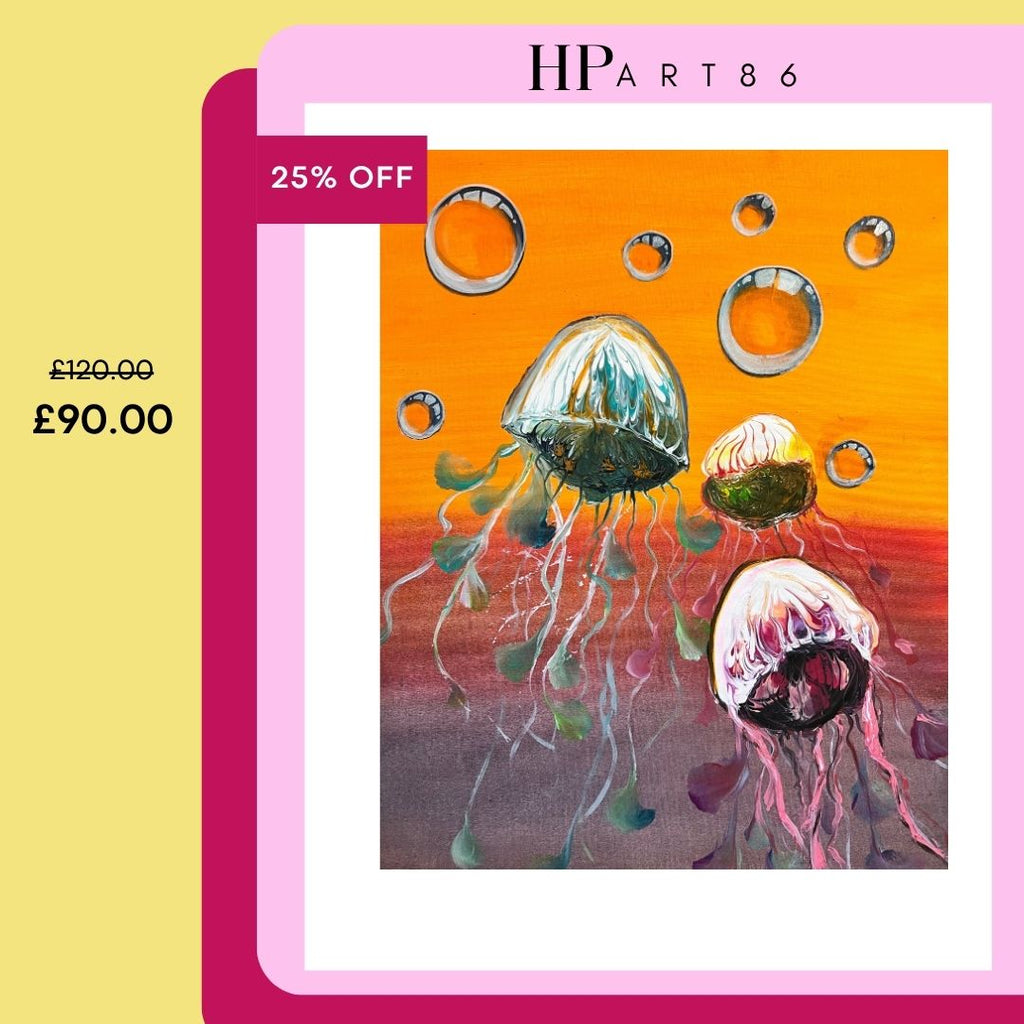 Jellyfish wall art print with colorful jellyfish and bubble rings on orange and purple