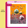 Jellyfish wall art print with colorful jellyfish and bubble rings on orange and purple
