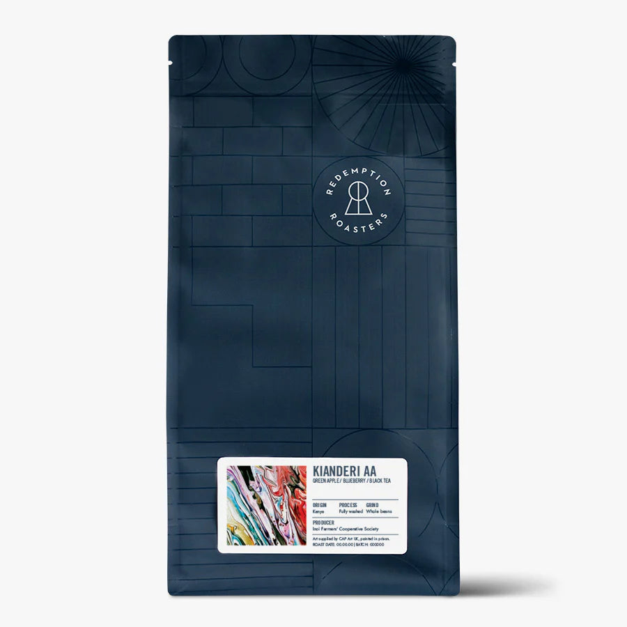 Dark blue coffee bean pouch with front label, Redemption Roasters logo