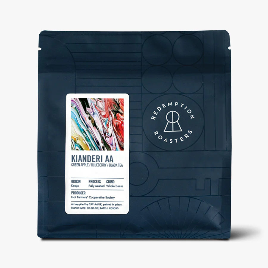 Dark blue coffee bean pouch, detailed front label with origin and grind info
