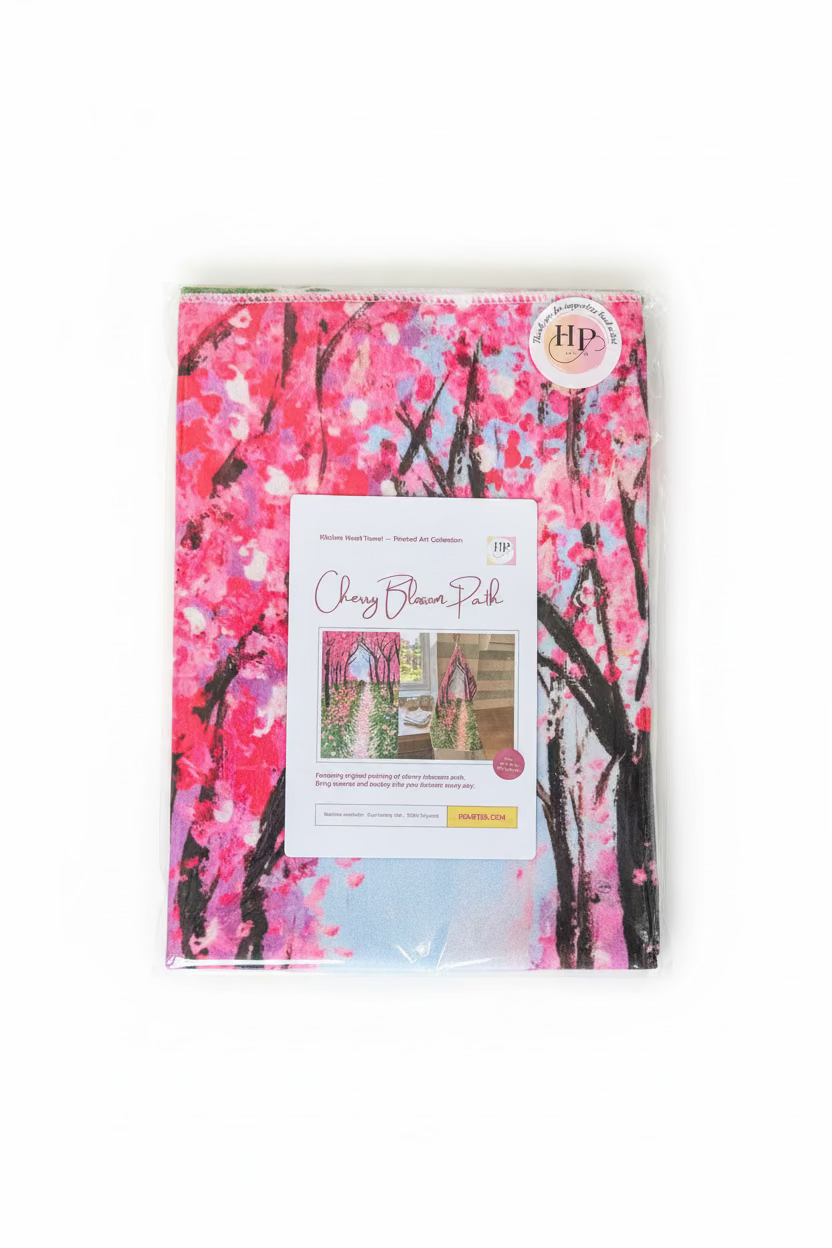 A packaged kitchen towel featuring a cherry blossom pattern in pink, white, and black, with a white product label and an HP logo sticker on a wooden surface.