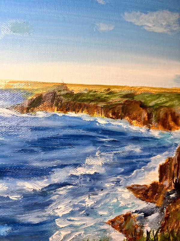 Coastal landscape painting with blue ocean waves and rocky cliffs