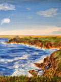 Coastal landscape painting with green grasses, blue ocean, and rocky cliffs