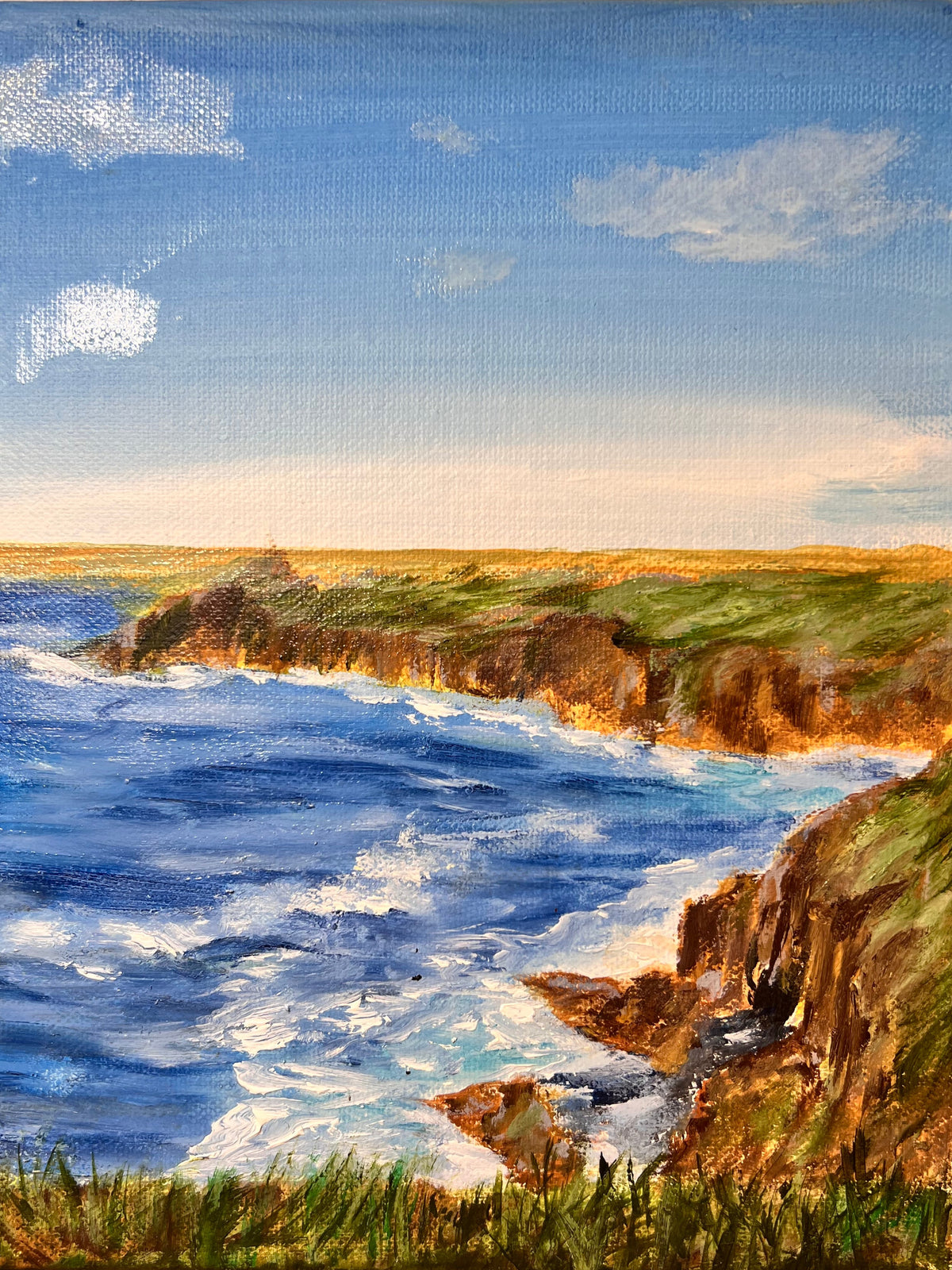 Coastal landscape painting with green grasses, blue ocean, and rocky cliffs