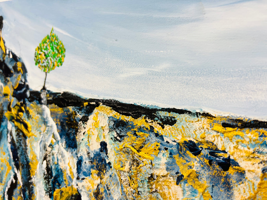 Textured abstract wall art with blue sky, dark horizon line, and blue-yellow paint strokes