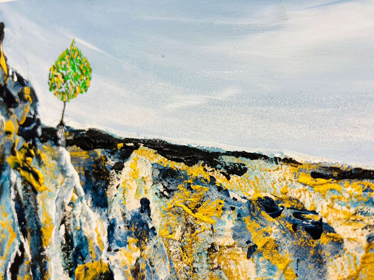 Textured abstract wall art with blue sky, dark horizon line, and blue-yellow paint strokes