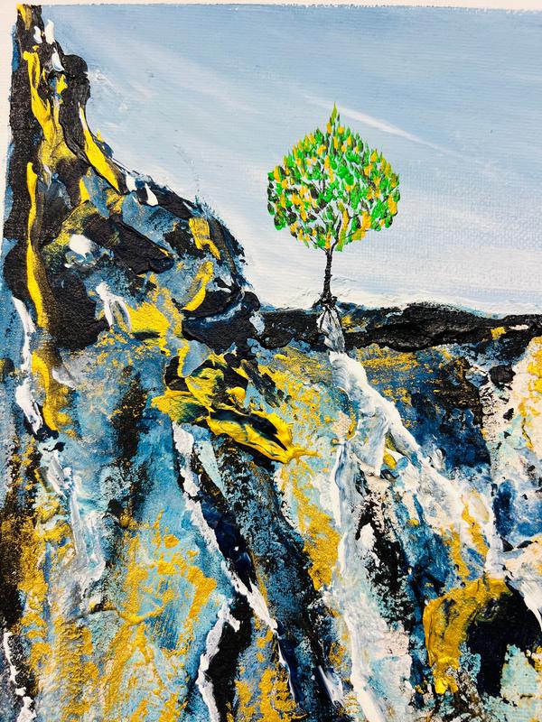 Textured abstract wall art with green tree, blue water-like shapes, and yellow accents