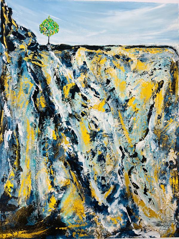 Textured abstract wall art with green tree above a dark horizon and blue-yellow splashes
