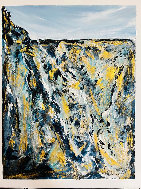 Framed textured abstract wall art with blue and yellow brush strokes and dark accents