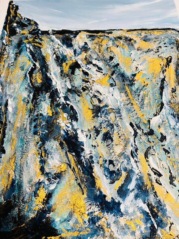 Textured abstract wall art close-up with blue, white, yellow, and black paint texture
