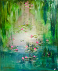 Abstract serene lagoon painting with pink water lilies and green reflections