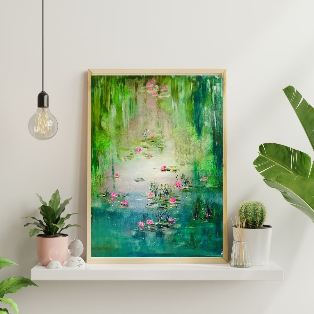 Abstract water lily lagoon wall art print in tan frame with green brushstrokes