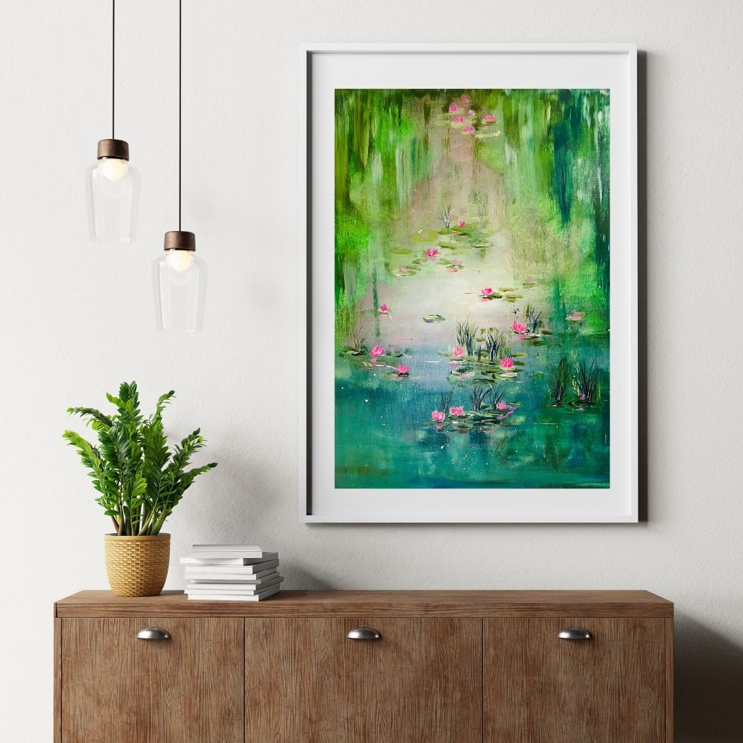White-framed abstract water lily lagoon print with pink flowers and green hues