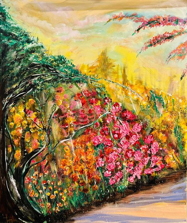 Landscape floral wall art print with radiant sky tones, blooming trees, and a garden walkway
