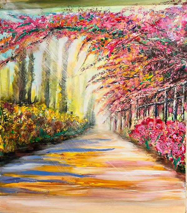 Floral landscape art print with tree-lined path and pink blossoms, abstract brushstrokes