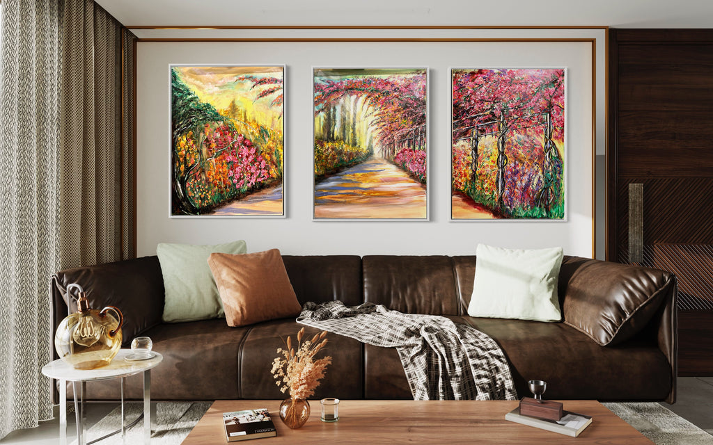 Framed trio wall art prints featuring colorful blooming trees along a sunny garden path