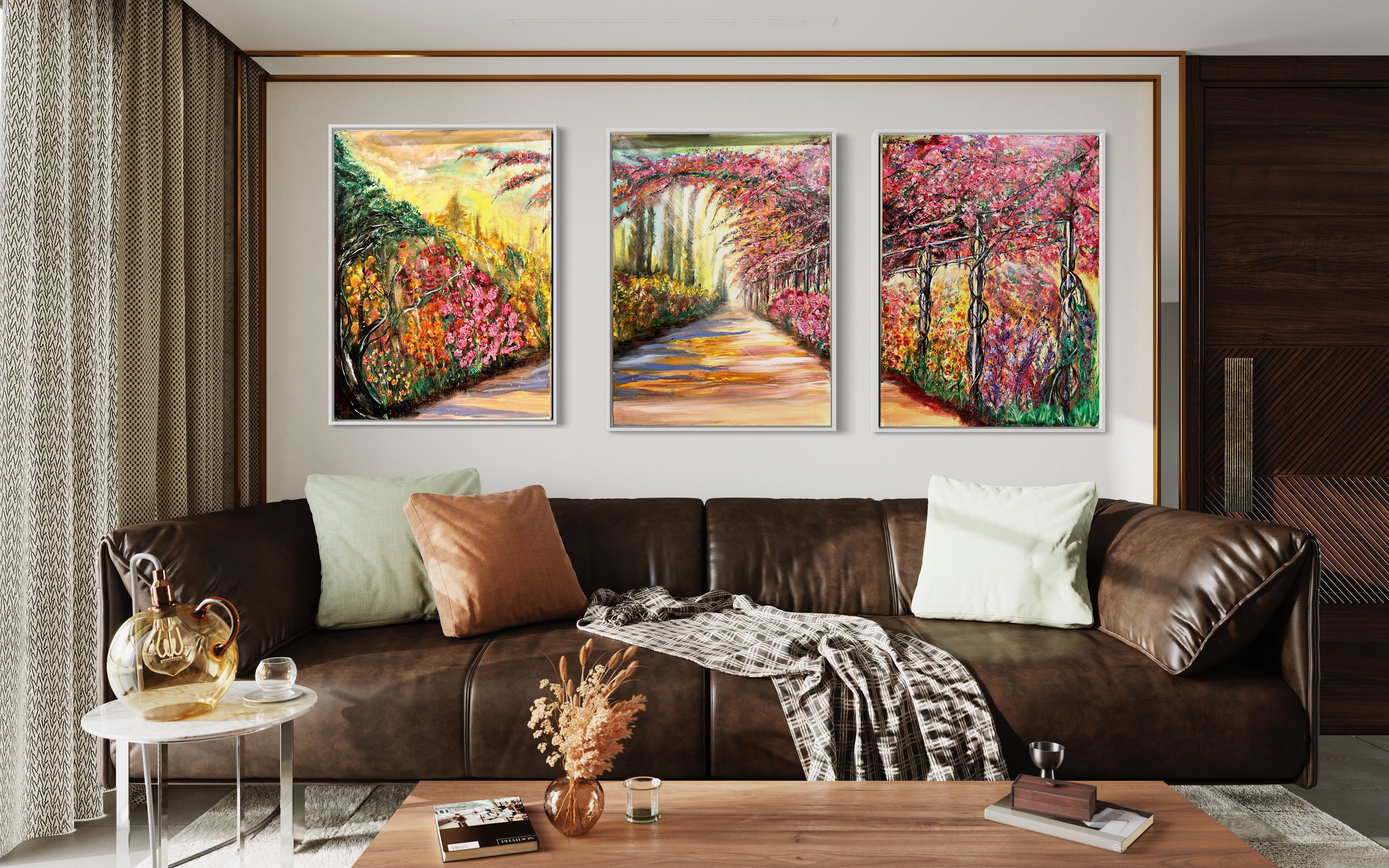 Framed trio wall art prints featuring colorful blooming trees along a sunny garden path