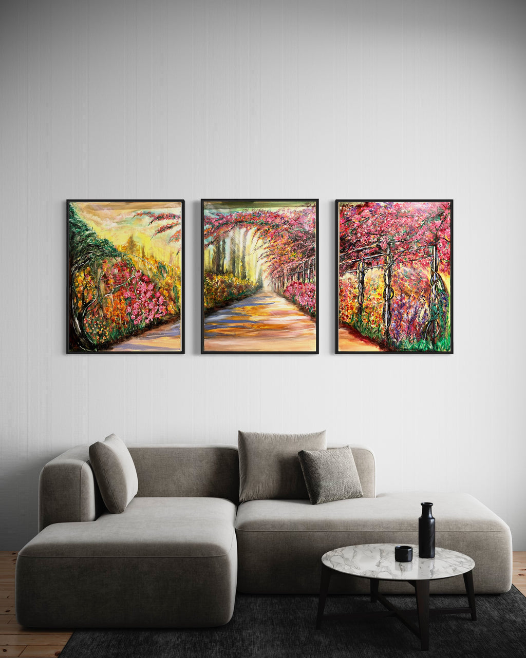Trio framed floral landscape prints with vivid pink, green, and orange garden path colors