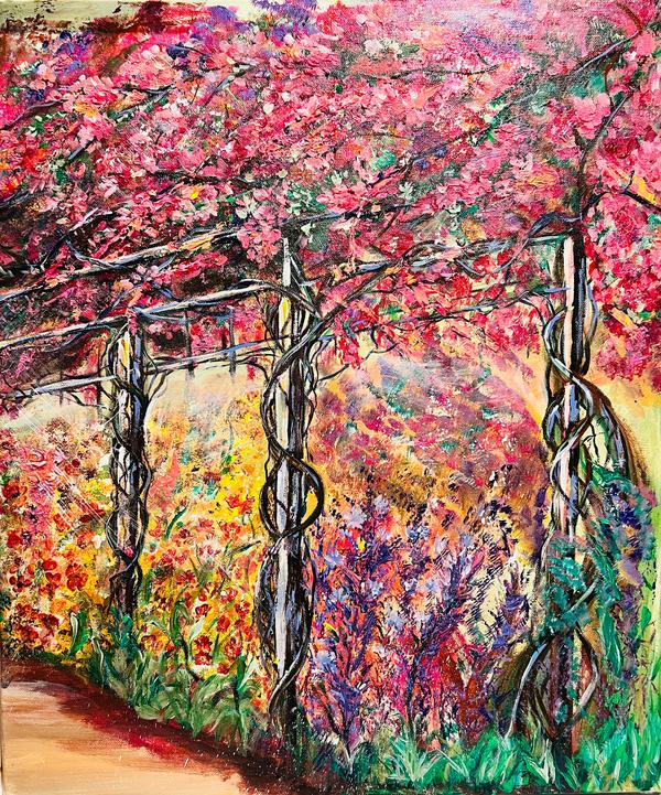 Colorful floral wall art print with blooming trees, winding garden path, and bright accents