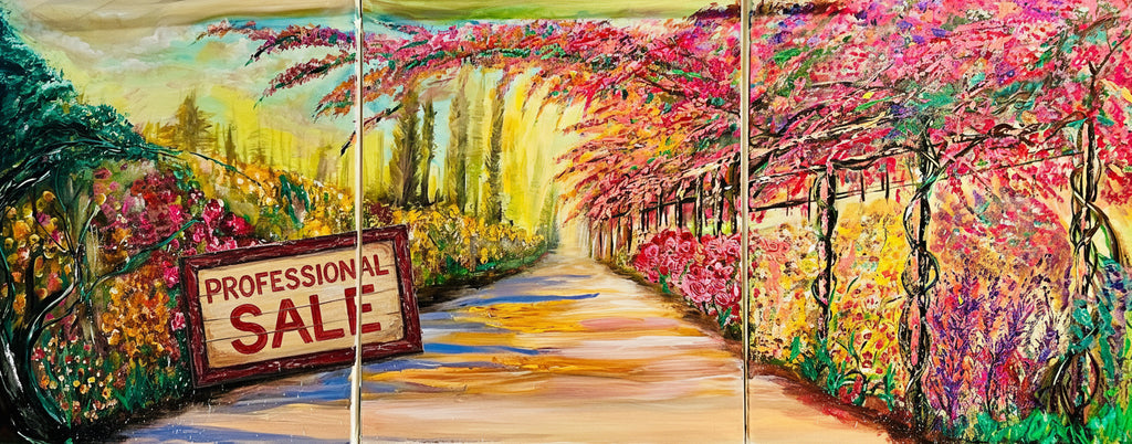 Three-panel floral landscape wall art print set with bright pink blooms and a winding path