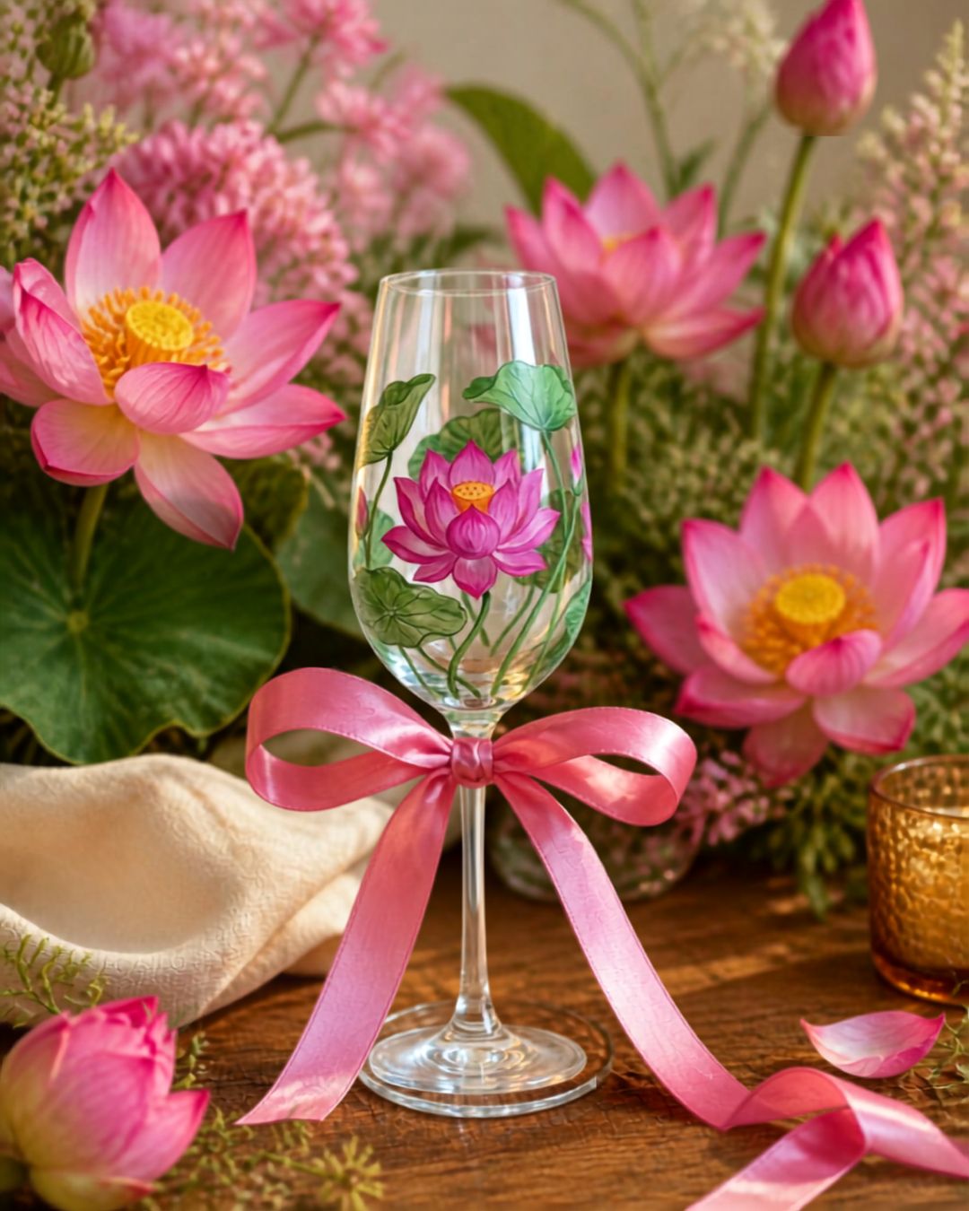 Hand-painted wine glass with pink lotus and green leaves, pink ribbon bow