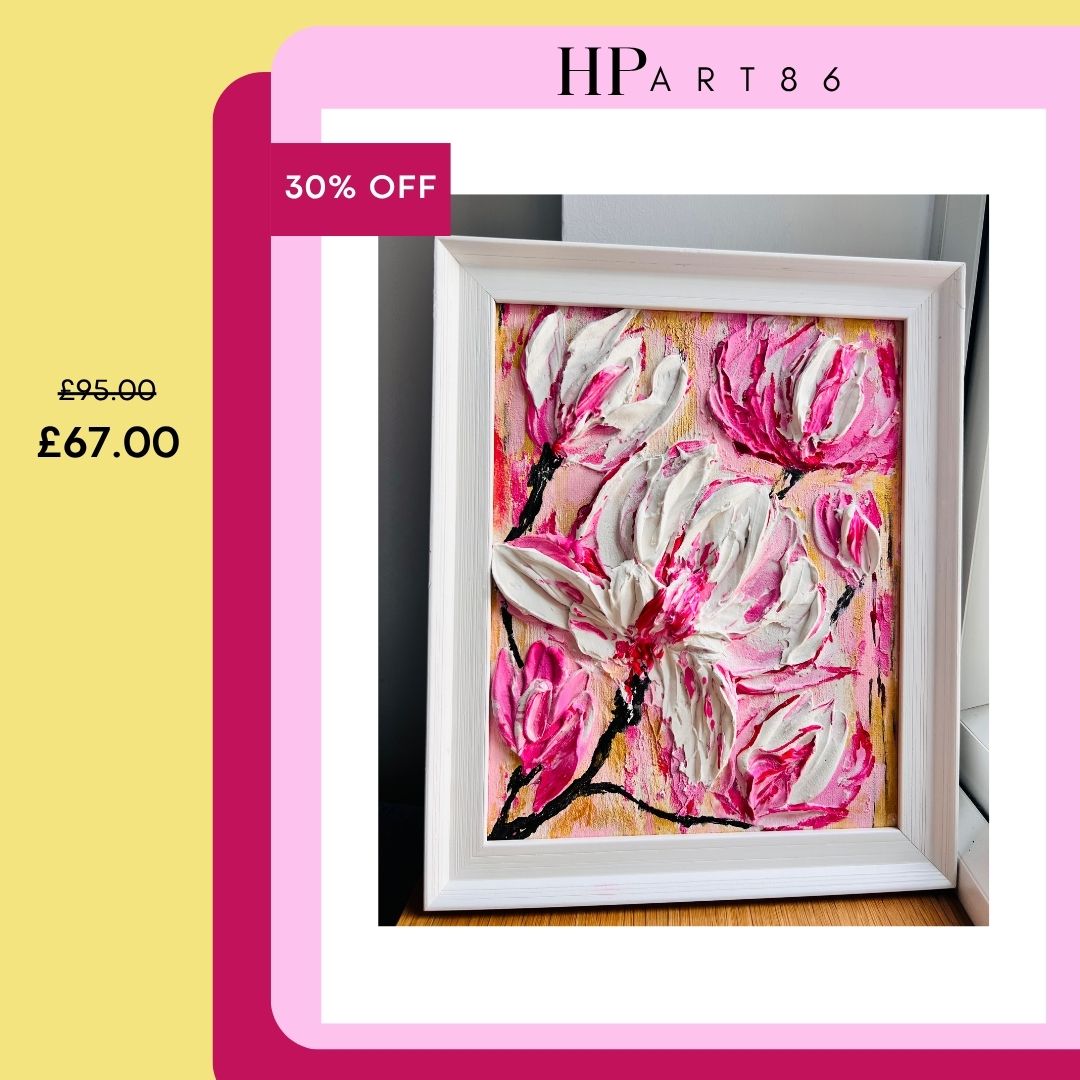 White-framed pink and white magnolia floral artwork, close-up