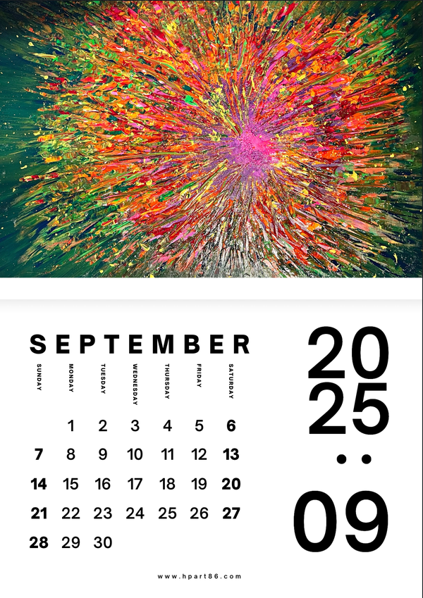 2025 art calendar page for September with radiant multicolor abstract streaks and date grid