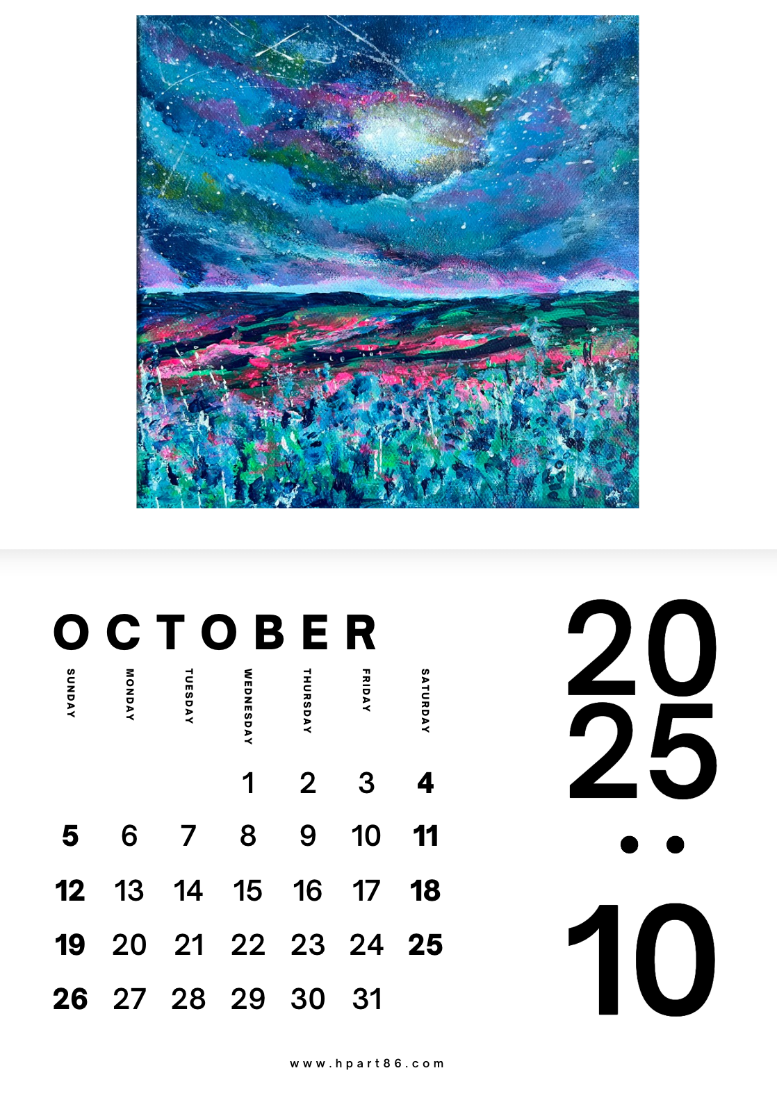 2025 art calendar page for October with colorful landscape illustration and date grid