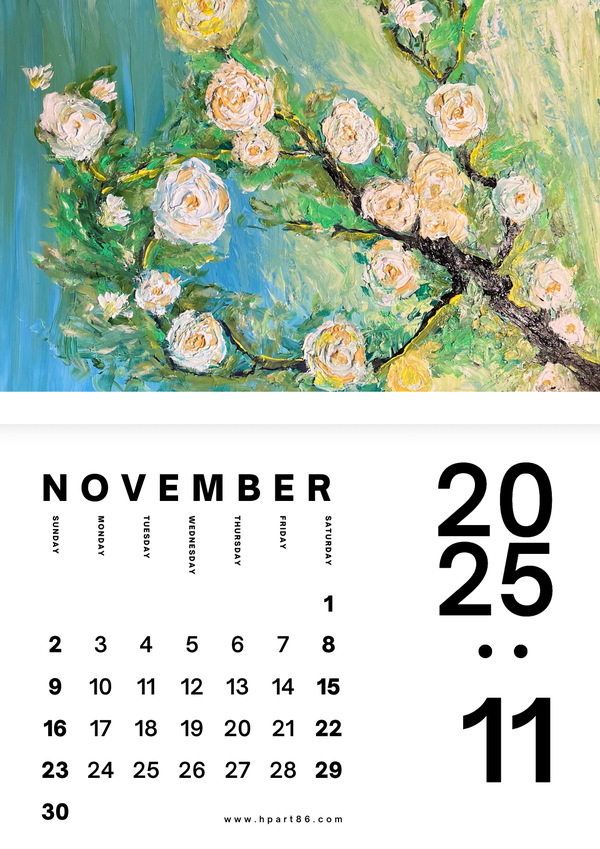 November 2025 calendar page with pastel roses on branches and date grid