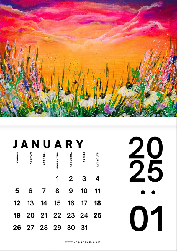 January 2025 calendar page with bright sunset field flowers and date grid